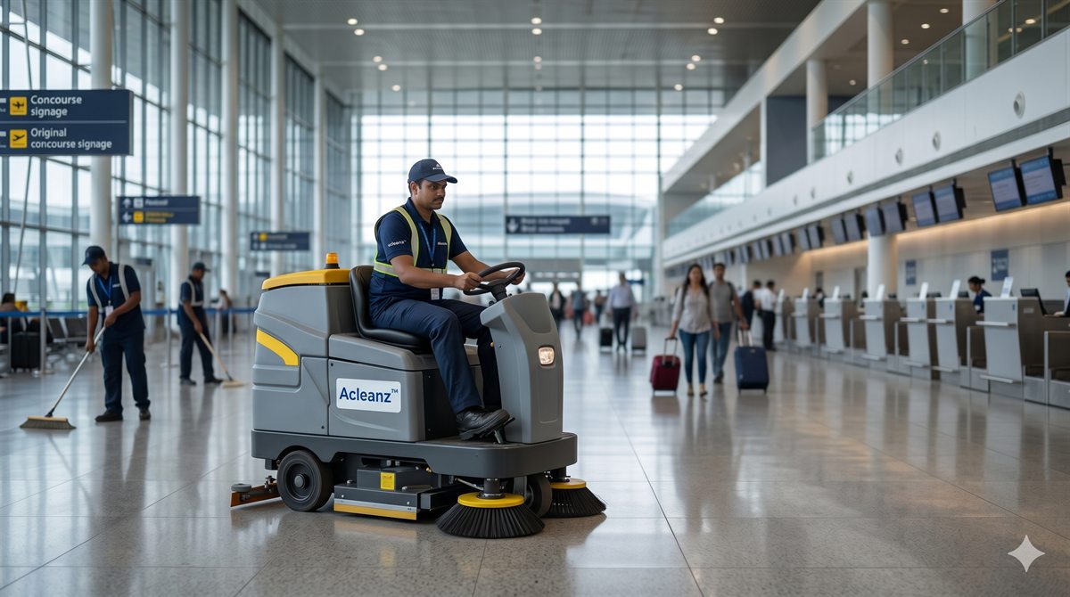 Acleanz operator using floor-cleaning machinery in a commercial facility
