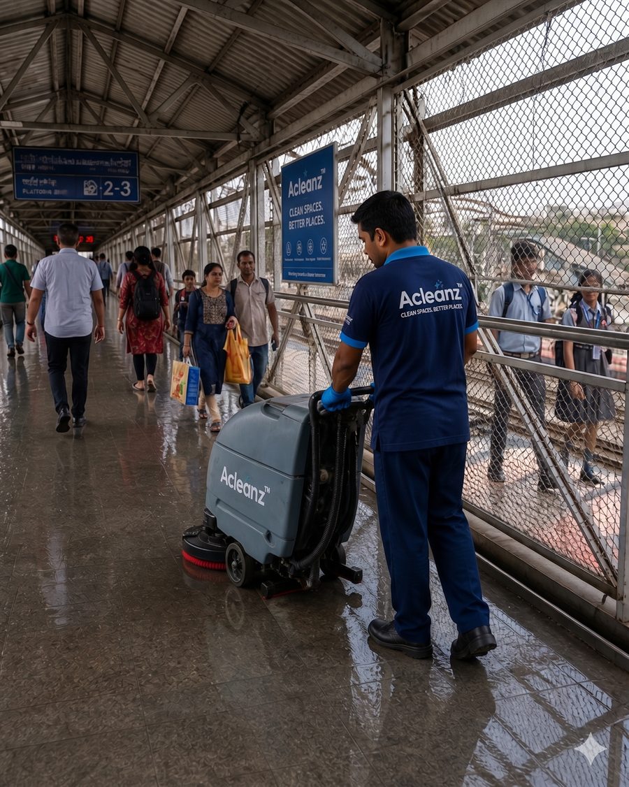 Acleanz facility team cleaning a public transit walkway