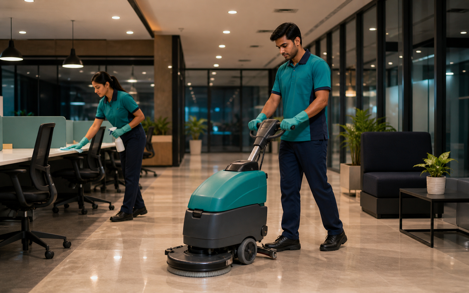 Acleanz commercial cleaning team working in a modern office
