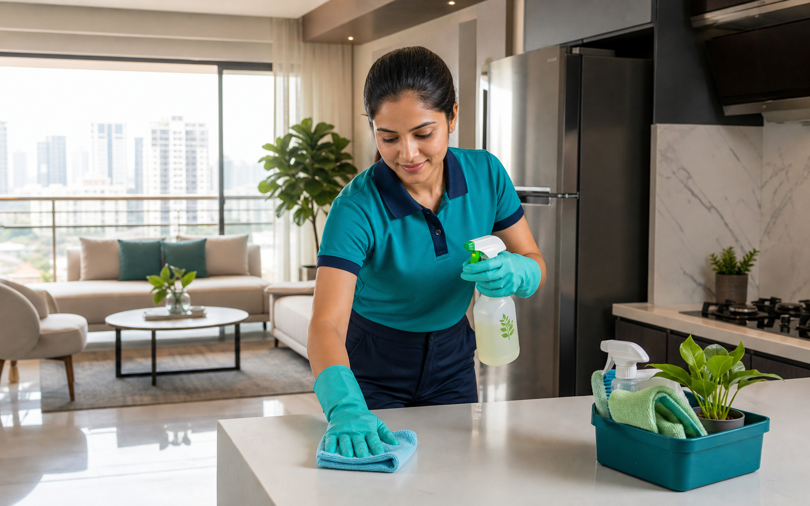 Acleanz residential cleaner wiping a modern apartment kitchen counter