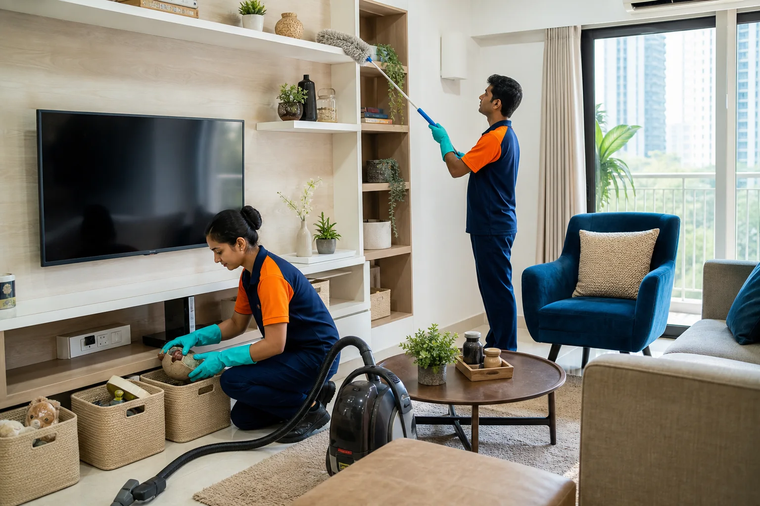 Professional cleaner detailing windows in a residence