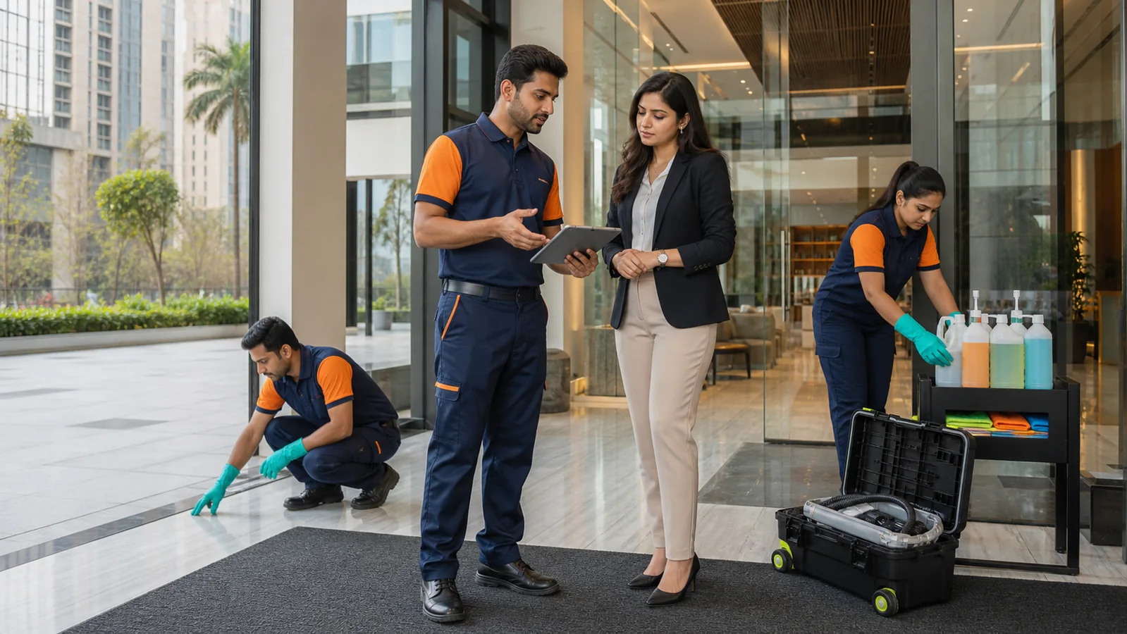 Acleanz operations lead conducting a site walkthrough with a client while uniformed technicians assess surfaces and prepare responsible cleaning materials