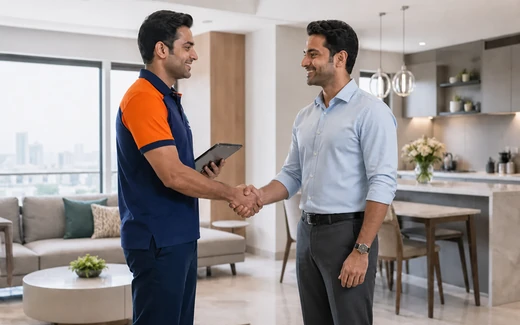 Acleanz worker holding a tablet and shaking hands with a customer after inspection and handover