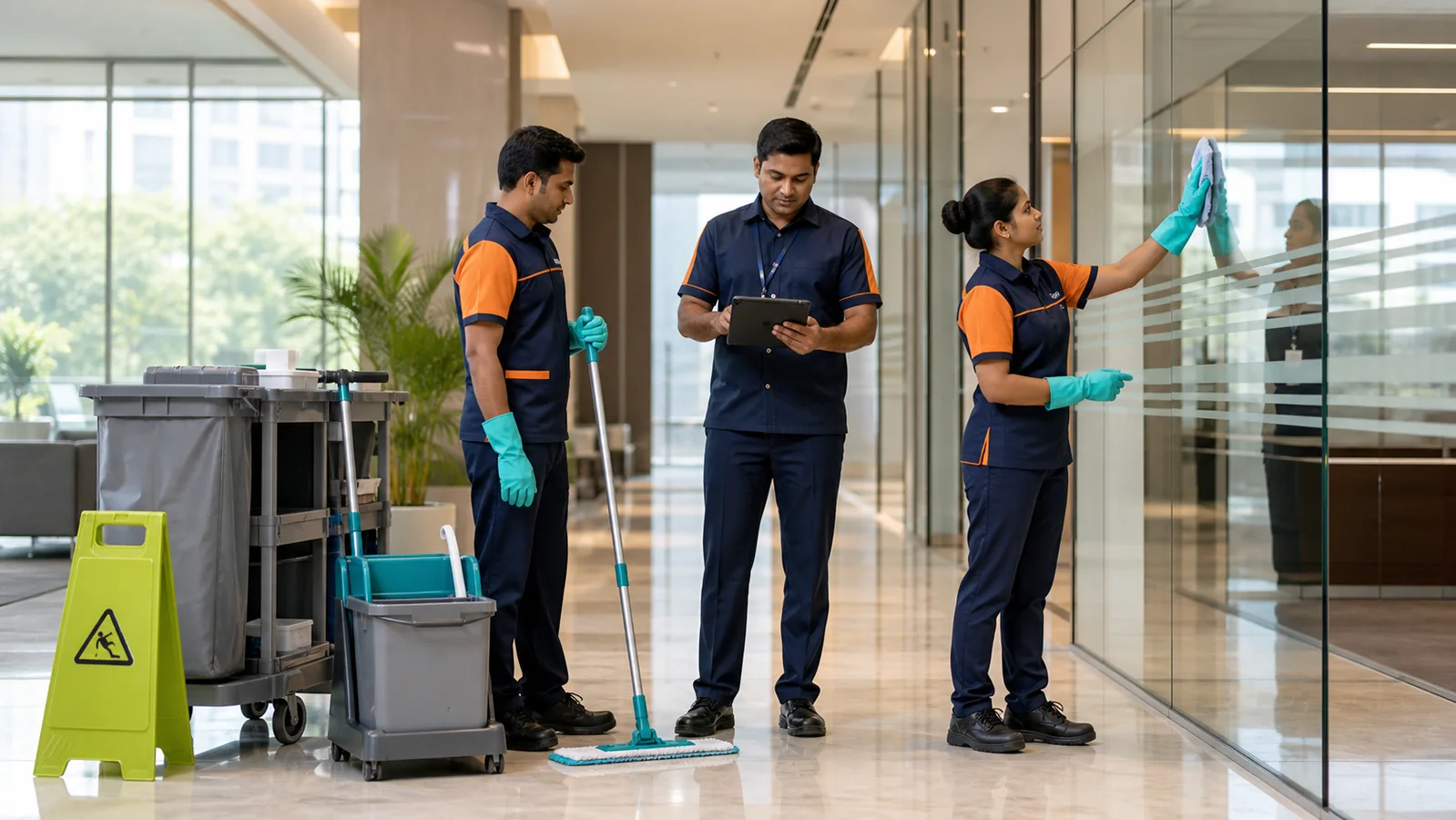 Acleanz supervisor reviewing a cleaning checklist while uniformed technicians prepare equipment and inspect completed work