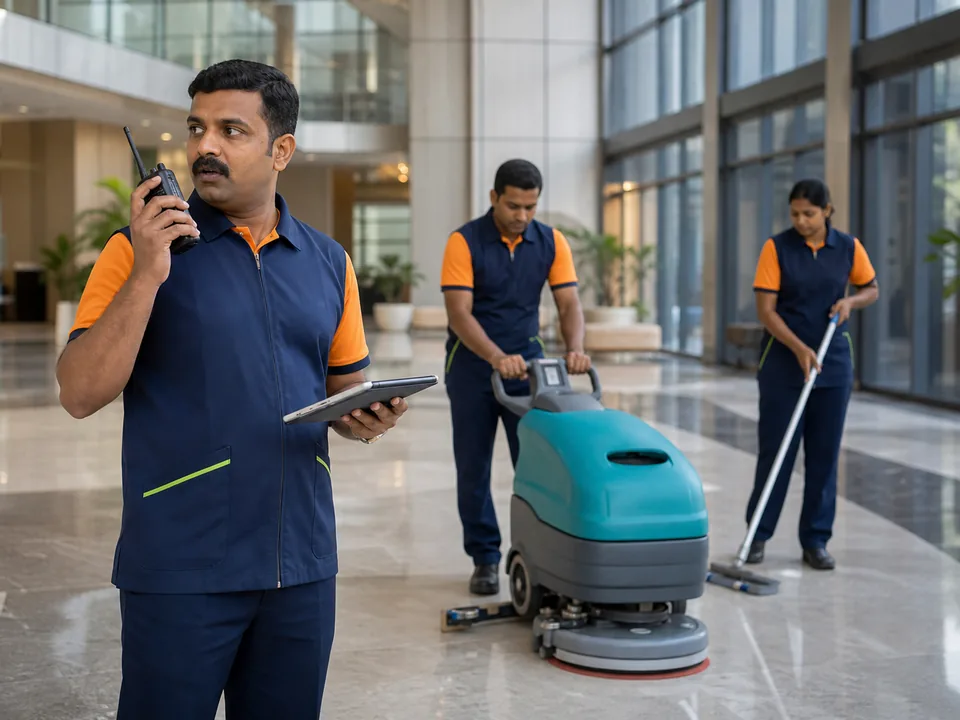 Acleanz site supervisor coordinating an active commercial cleaning operation