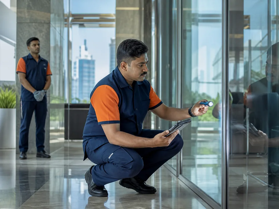 Acleanz quality supervisor inspecting a cleaned glass surface