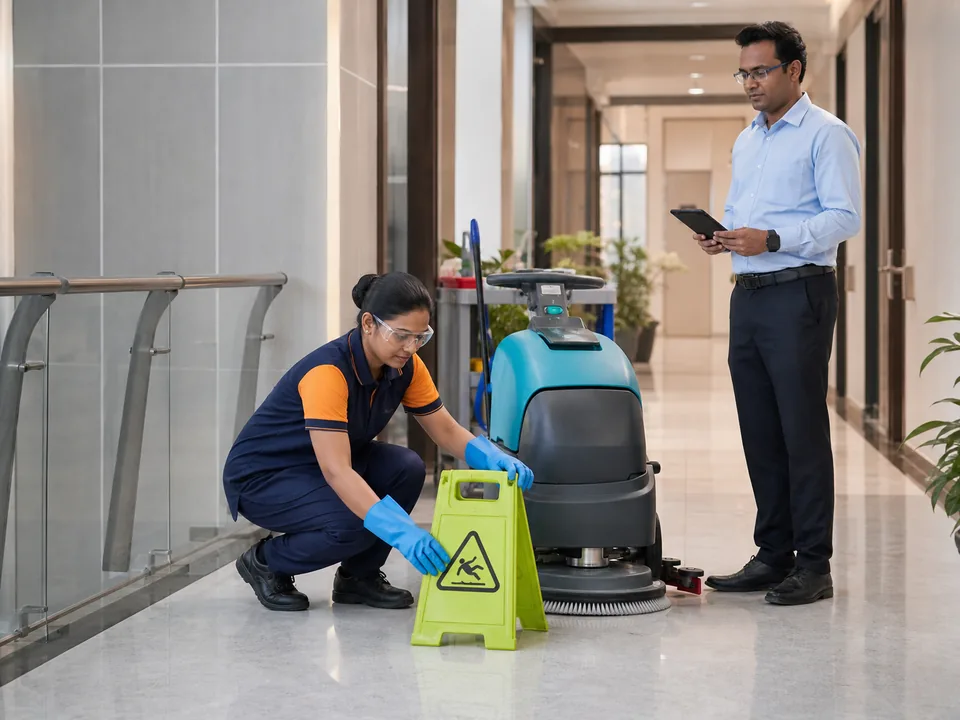 Acleanz team preparing safety controls and professional cleaning equipment