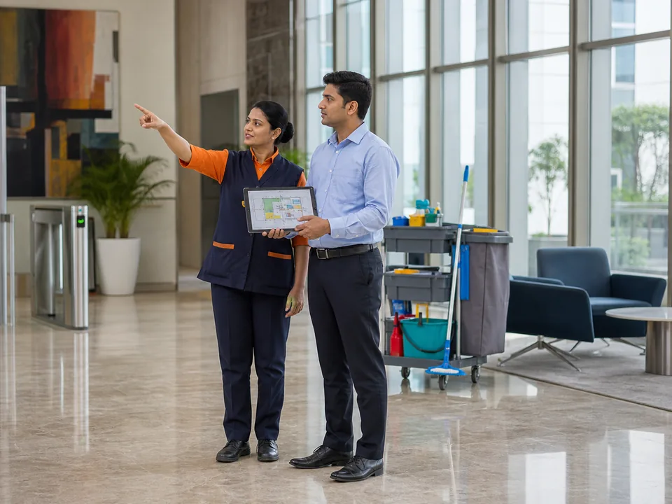 Acleanz supervisor and property manager defining the cleaning scope in a commercial lobby