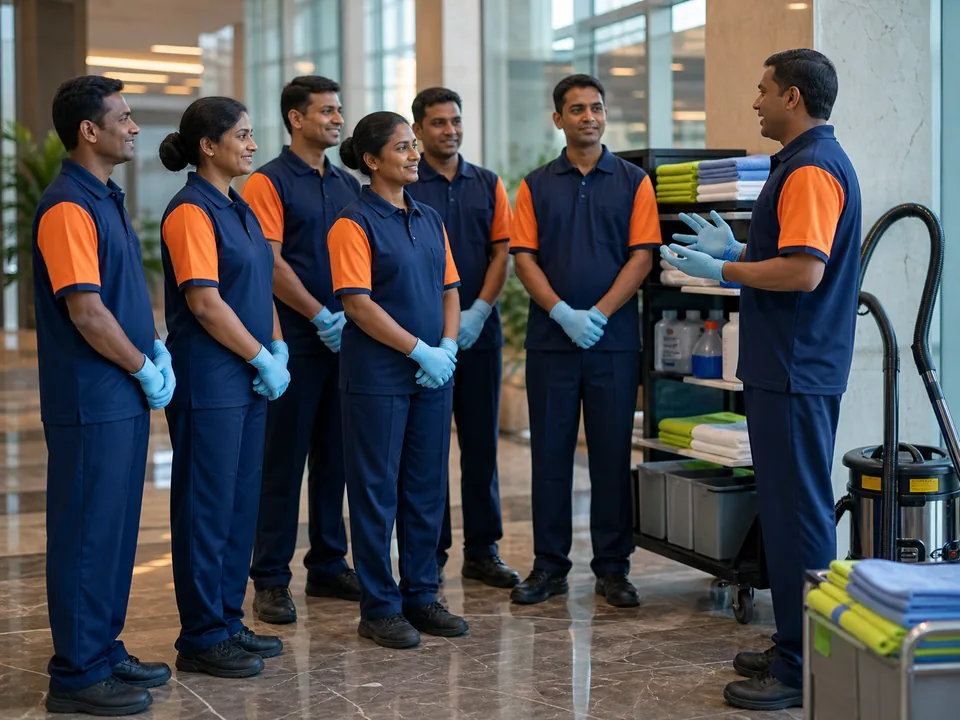 Uniformed Acleanz cleaning team attending a pre-shift readiness briefing