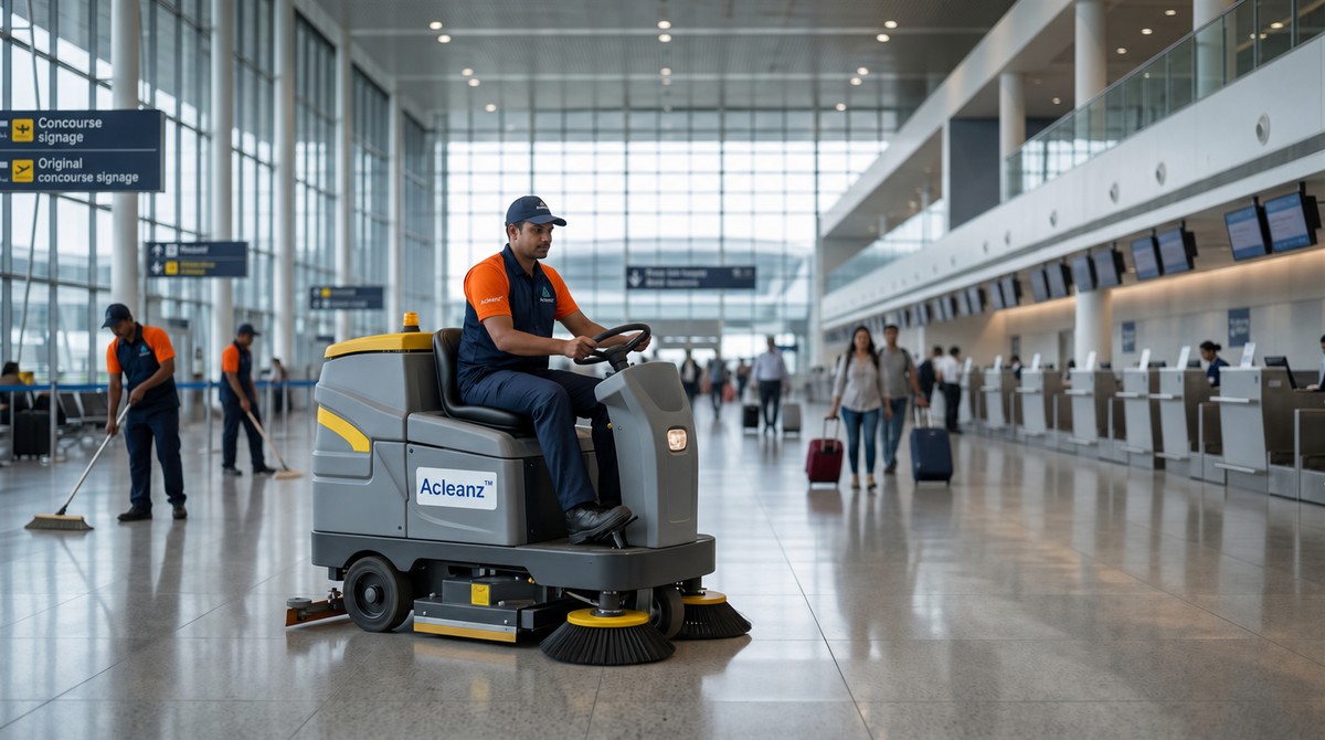 Acleanz operator using floor-cleaning machinery in a commercial facility