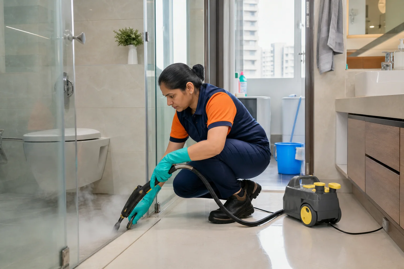 Acleanz deep-cleaning technician steam-cleaning bathroom tile grout and difficult corners