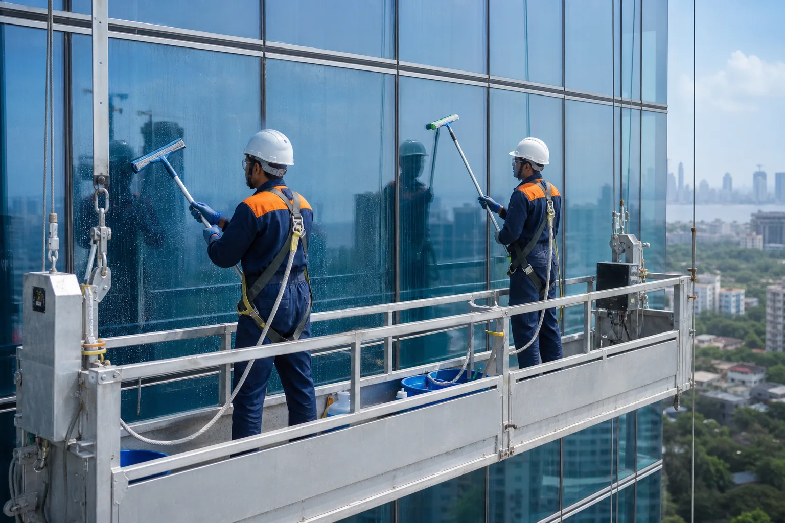 Acleanz facade-cleaning technicians working from a suspended access platform on a glass building