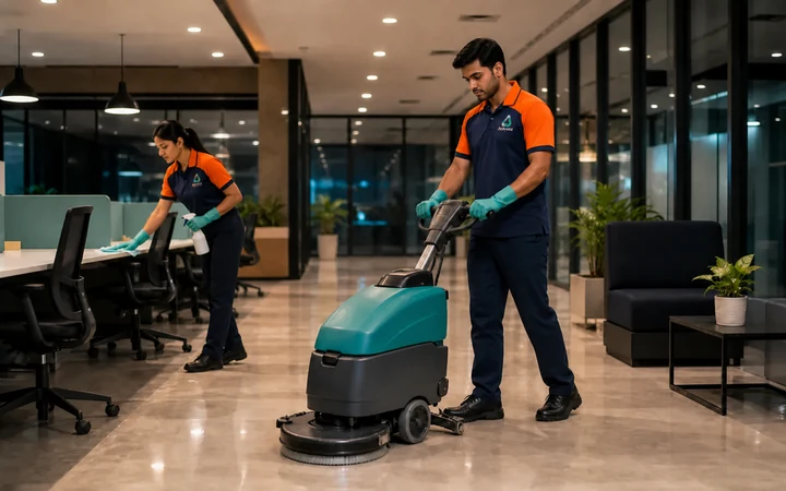 Acleanz commercial cleaning team working in a modern office