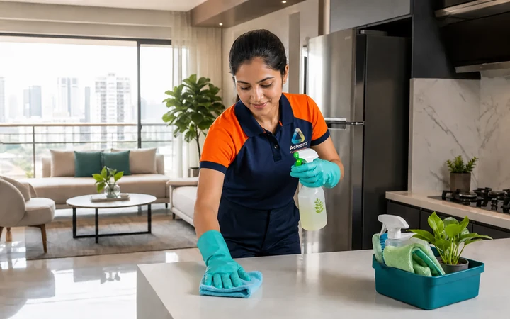 Acleanz residential cleaner wiping a modern apartment kitchen counter