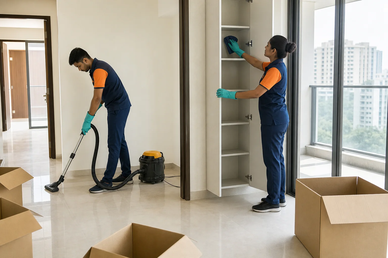 Two Acleanz technicians cleaning an empty apartment during a move-in or move-out handover