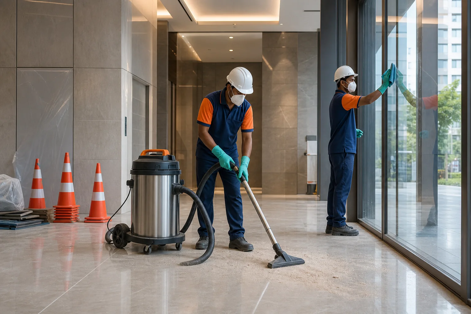 Acleanz technicians removing construction dust and detailing glass before commercial handover