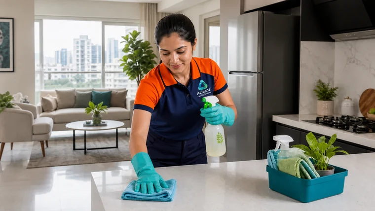 Acleanz cleaner refreshing a modern apartment kitchen and living area