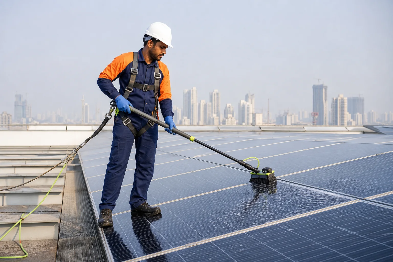 Trained Acleanz technician safely cleaning rooftop solar panels with a water-fed soft brush
