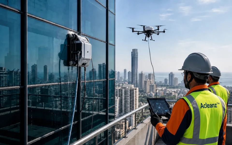 Acleanz operators in grey safety helmets, orange-and-navy technical uniforms, branded high-visibility vests and protective gloves supervising facade-cleaning technology