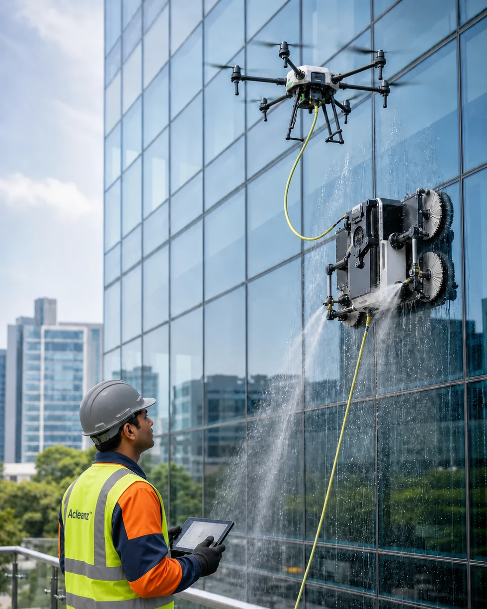 Acleanz operator in a grey safety helmet, orange-and-navy technical uniform, branded high-visibility vest and protective gloves supervising robotic facade-cleaning technology