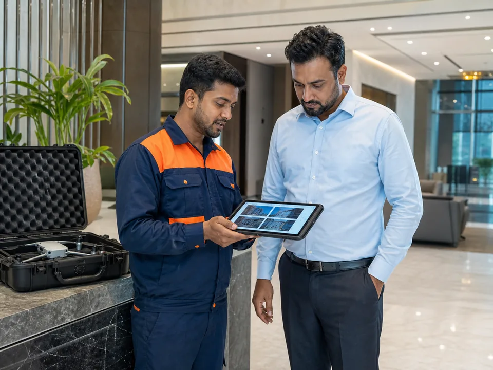 Technical supervisor presenting the completed facade-cleaning report to a client