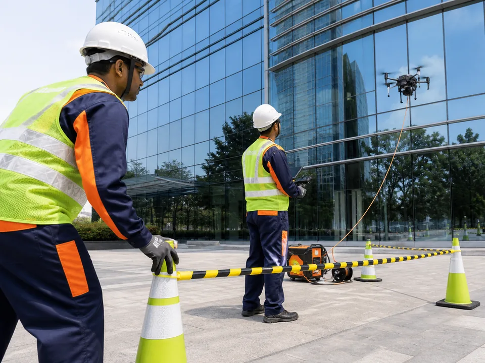 Qualified operators establishing a controlled area and deploying a tethered facade-cleaning drone