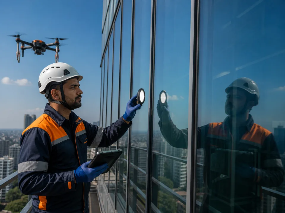 Acleanz inspection process checking facade cleaning quality and exterior finish