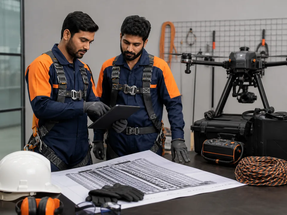 Facade-cleaning specialists planning drone equipment and the cleaning method