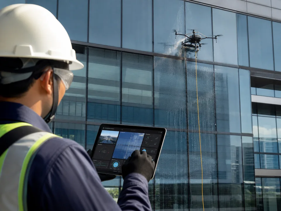 Drone operator monitoring live facade-cleaning progress on a tablet