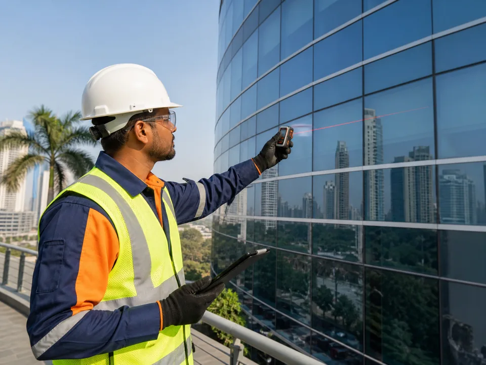 Acleanz team reviewing facade cleaning site survey and access planning