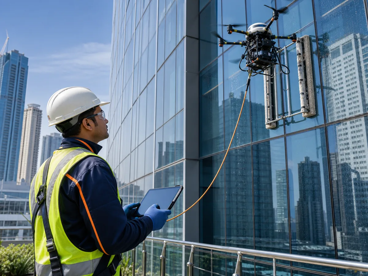 Acleanz technical operator supervising a tethered facade-cleaning drone on a modern glass building