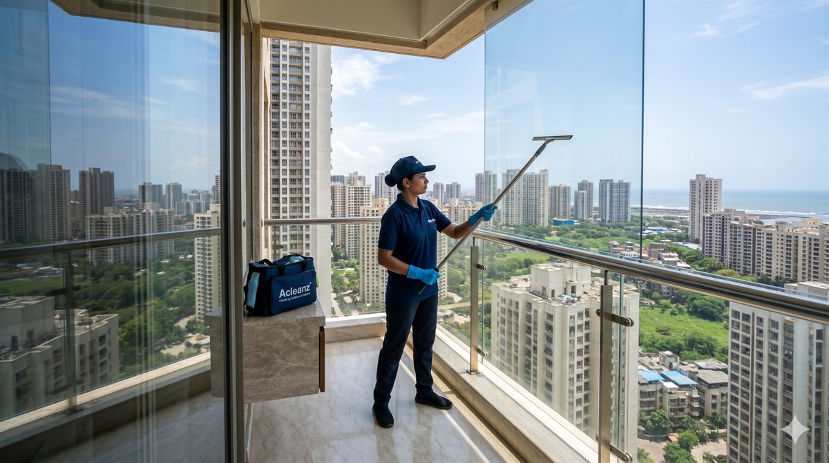 Professional cleaner detailing windows in a residence