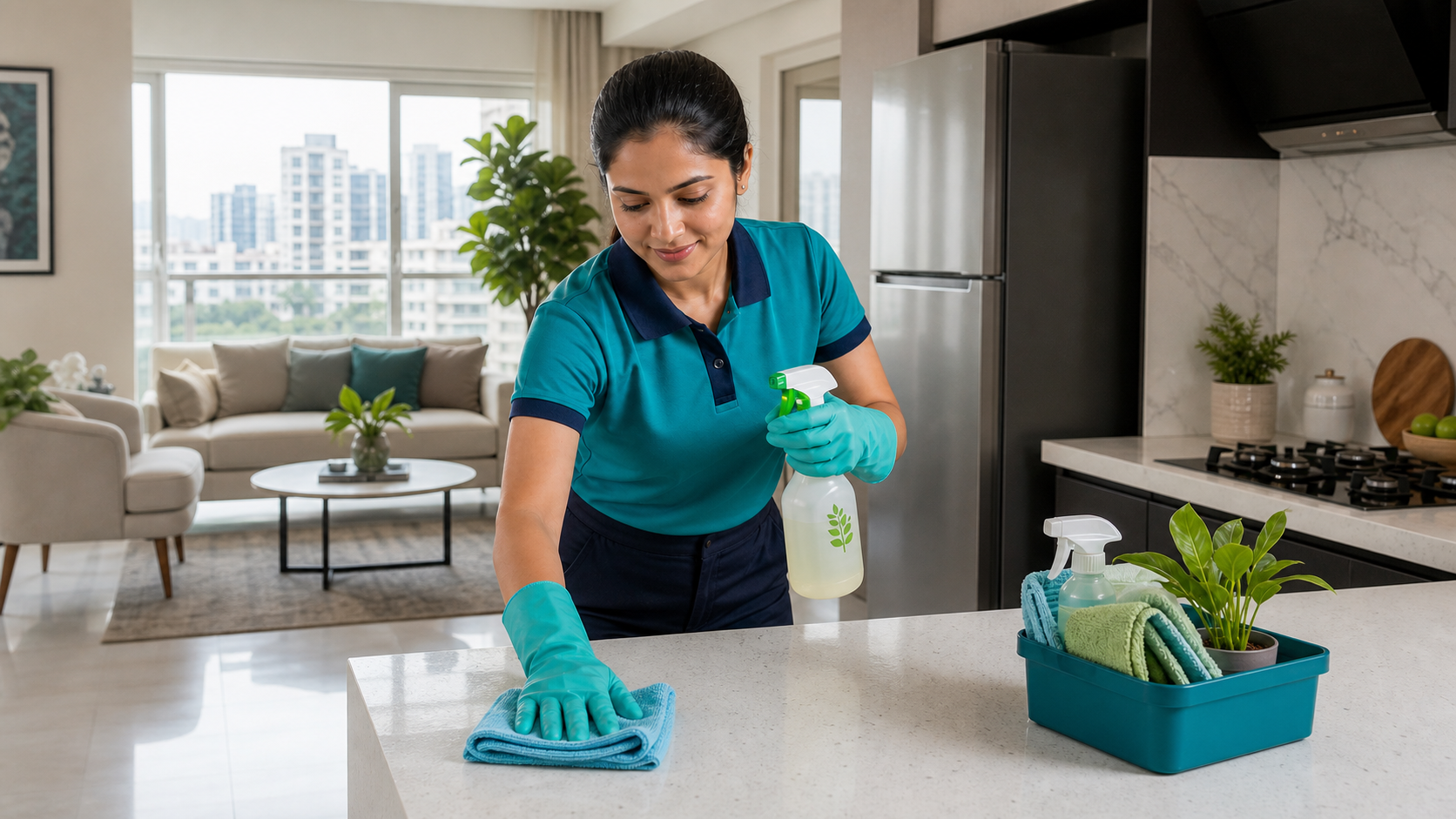 Acleanz cleaner refreshing a modern apartment kitchen and living area