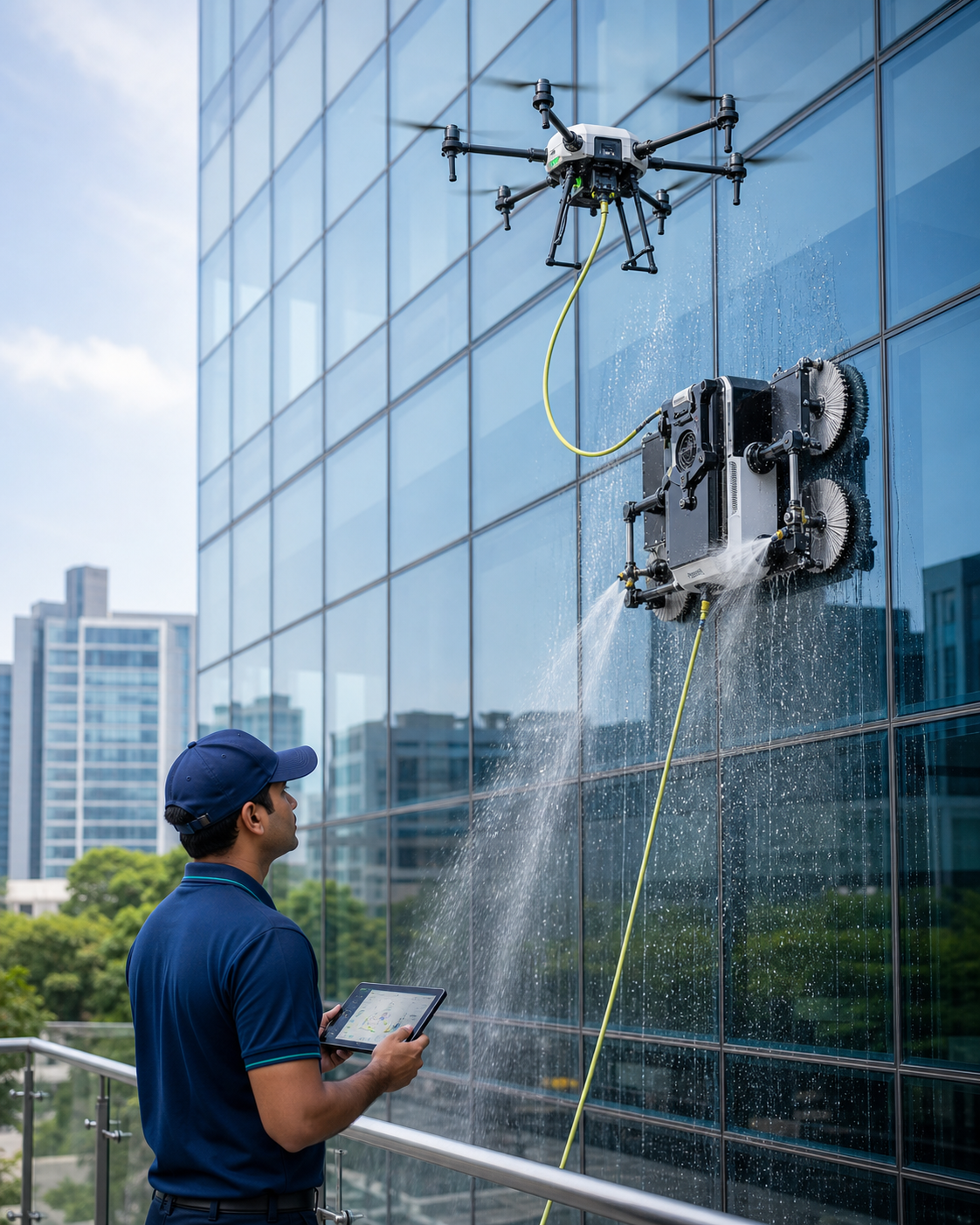 Acleanz robotic facade-cleaning technology operating on a glass commercial building